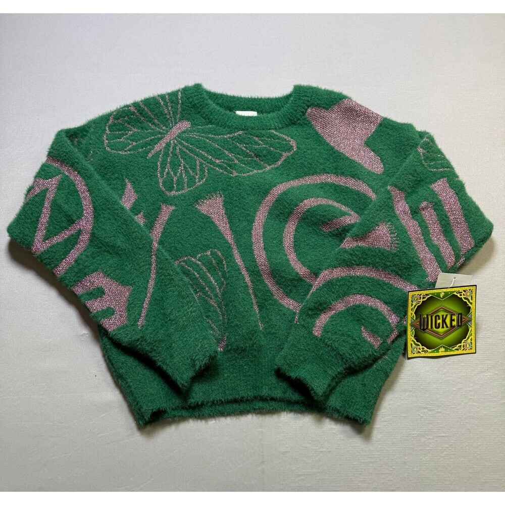 NWT Wicked Graphic Eyelash Knit Glitter Sweater Girls Large (10-12) Green Cozy